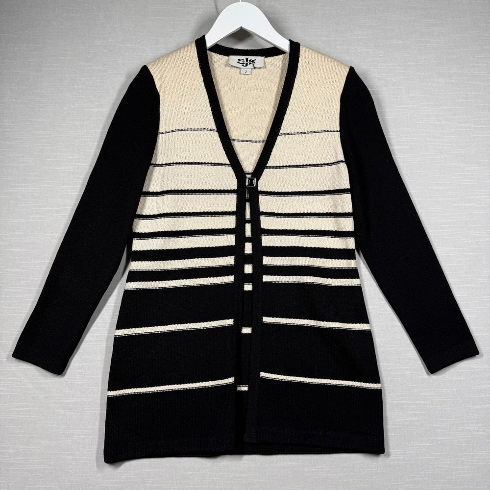 SJK St Johns Cardigan Womens Black Ivory Striped Button Business Casual Chic Y2K